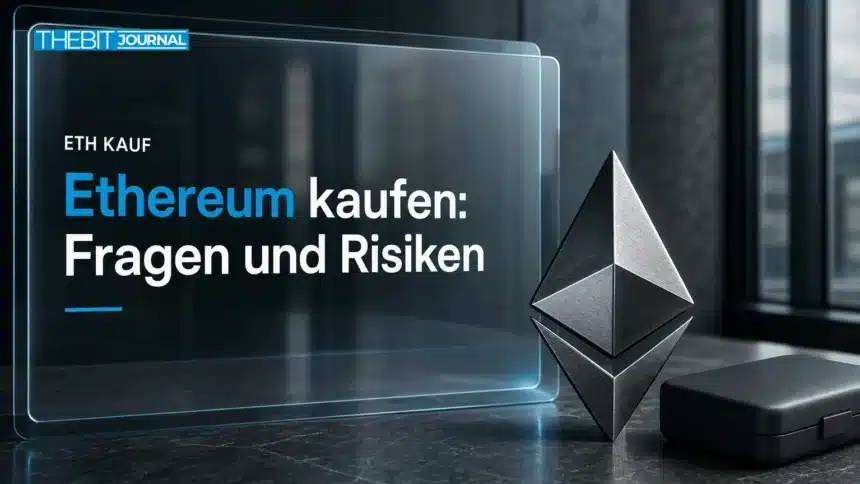 Ethereum kaufen: Metallskulptur neben einem geschlossenen Wallet-Etui auf einem dunklen Steintisch