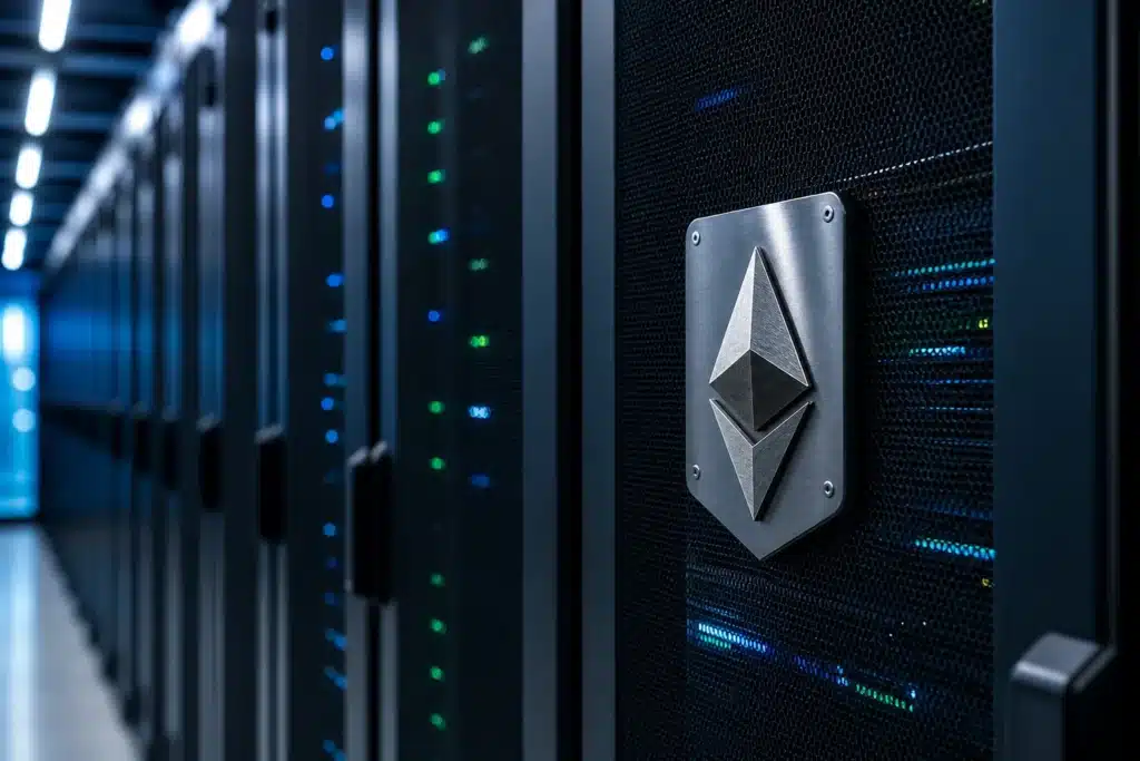 Server racks in a data center with an engraved Ethereum symbol plaque on a rack door