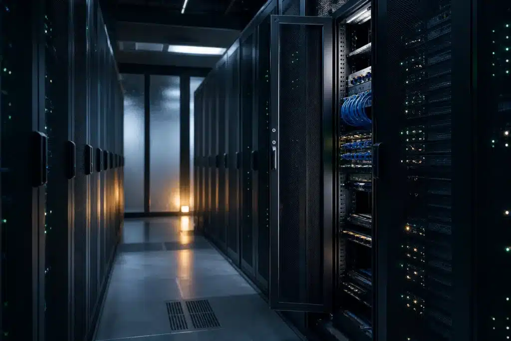 Ethereum Prognose 2026: Szenarien, wichtige Marken und Risiken 8 Serverracks in einem dunklen Rechenzentrum als Symbol für Ethereum-Validatoren und Netzwerk-Upgrades