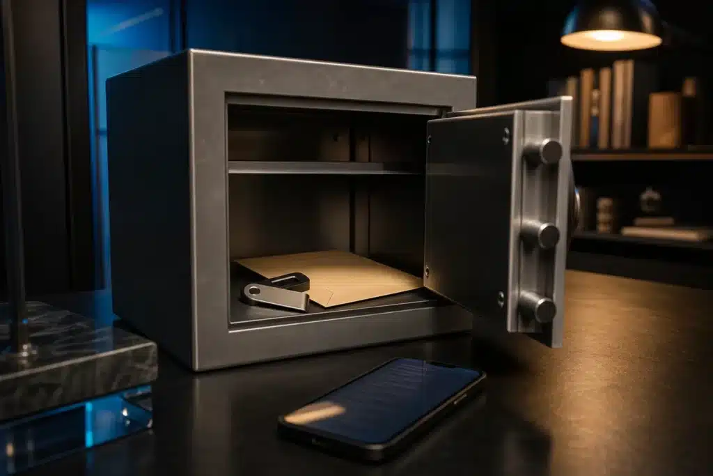 An editorial illustration of a hardware wallet and sealed envelope inside a small safe.