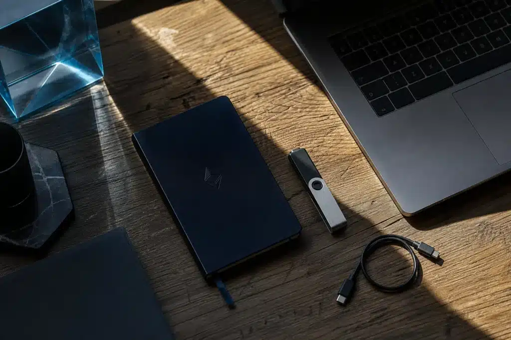 Ethereum einfach erklärt: ETH, Wallets und technische Risiken 8 Sicherheitsgerät und Notizbuch auf einem Schreibtisch als Motiv für Ethereum-Wallets
