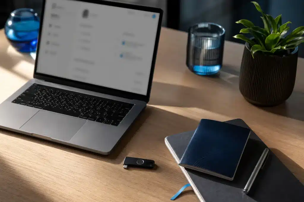 Before You Buy Shiba Inu: Market Data and Purchase Questions 8 Conceptual workspace with a laptop, closed passport and security key