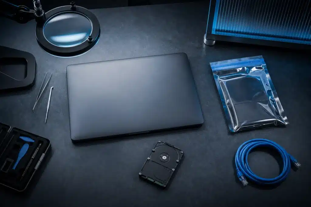 Binance Hack: CFTC drängt auf US-Aufsicht für Kryptobörsen 8 Laptop und Speicherlaufwerk auf einer Werkbank zur Untersuchung eines digitalen Einbruchs