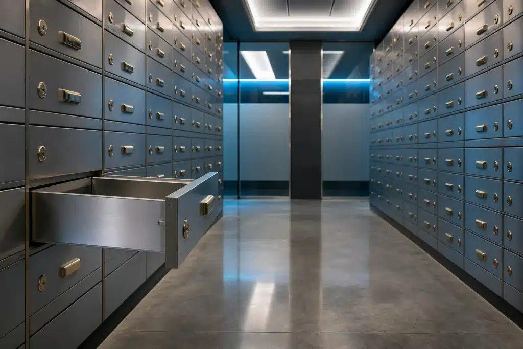 Rows of steel custody lockers in a cool-lit room, symbolising tokens moving onto exchanges