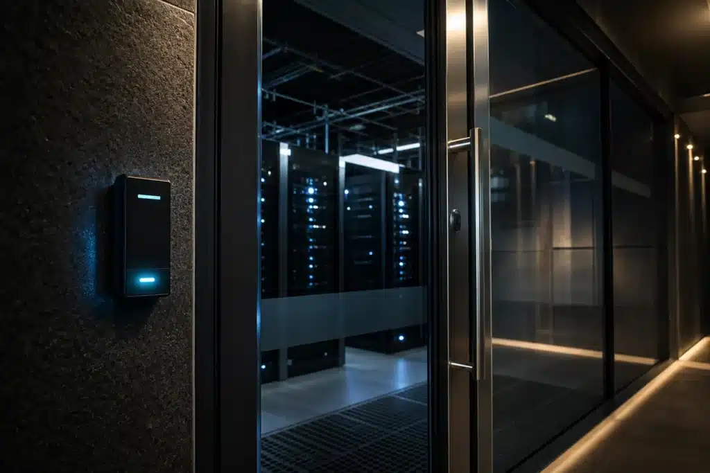 Secured server facility entrance illustrating the separate question of exchange custody