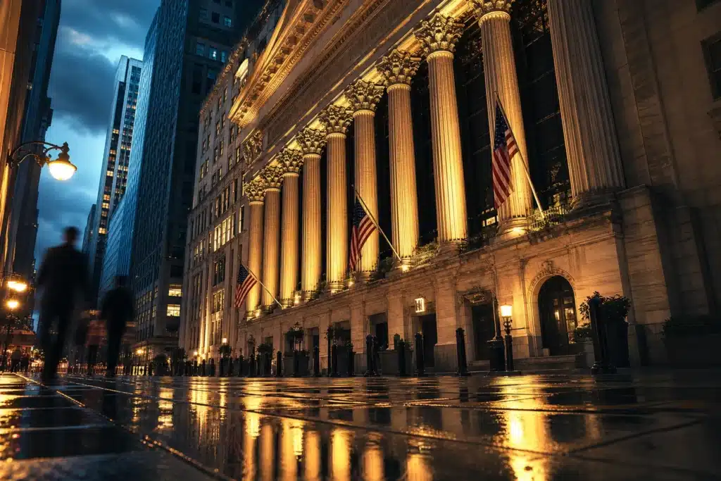 Is Chainlink a Good Investment in 2026? What the Data and Risks Show 9 Stock exchange facade at dusk representing Chainlink ETF trading on NYSE Arca