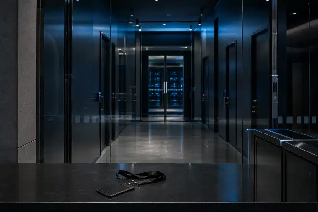 Illustrative access-controlled operations corridor viewed through security glass at night