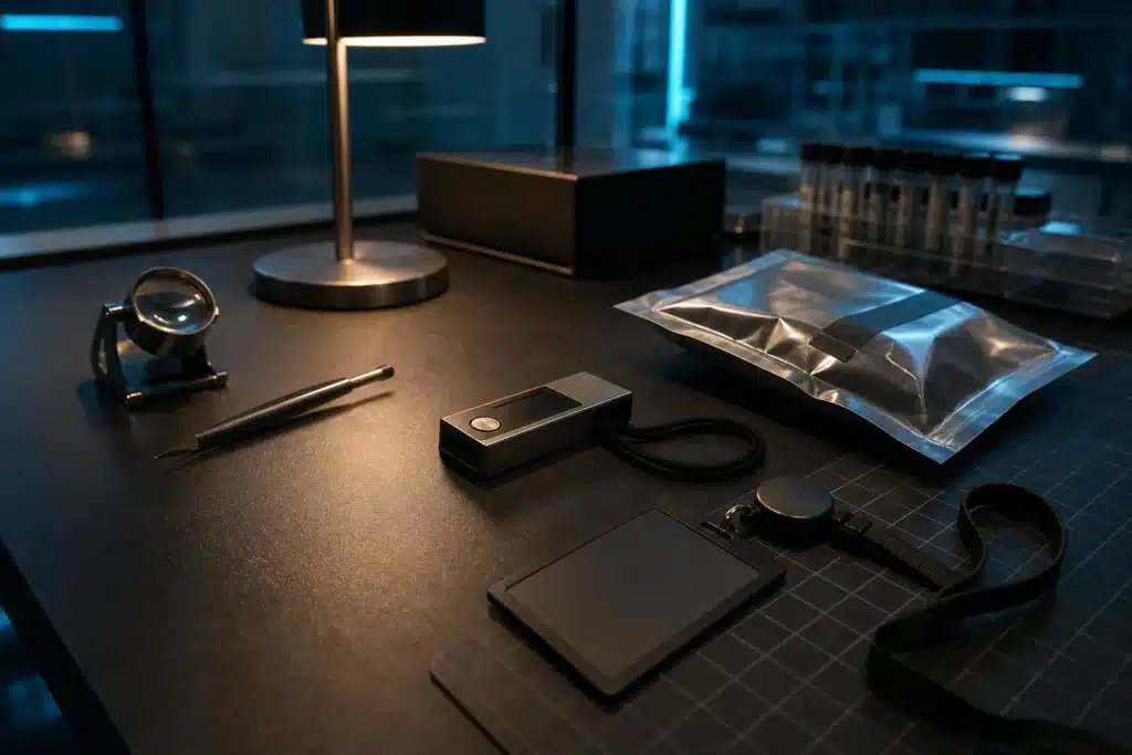Hardware signing device and access badge on an illustrative digital-forensics workbench