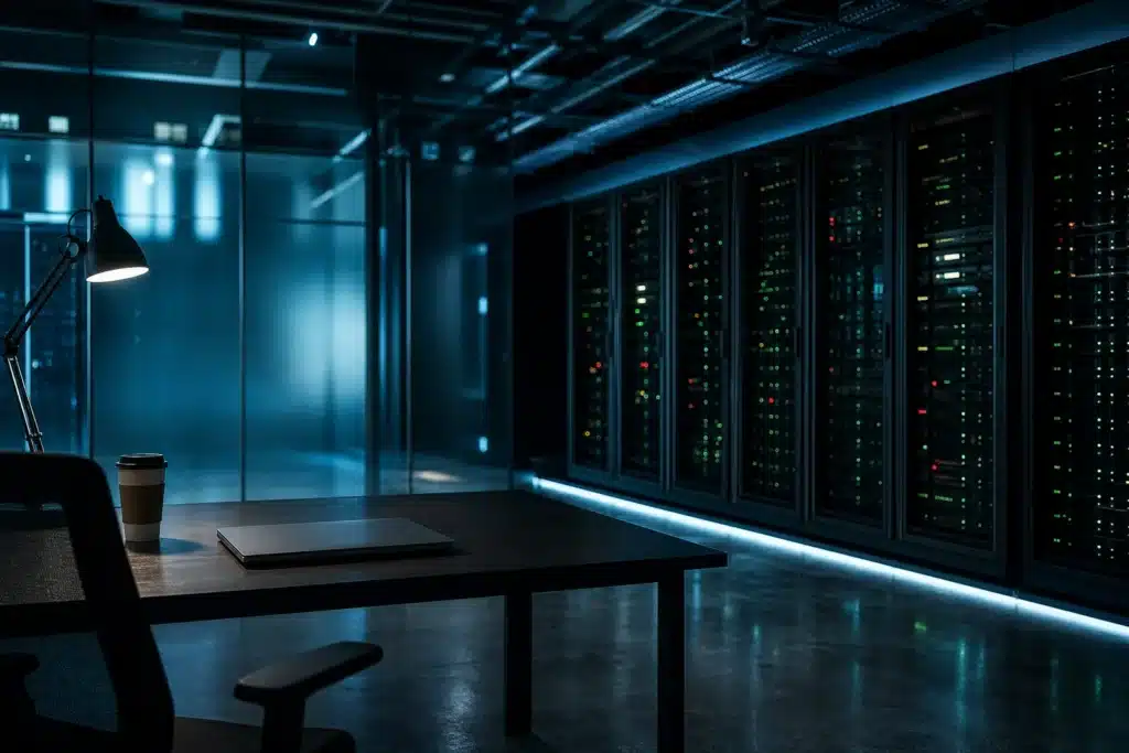 Binance Hack: 5,5 Mrd. Dollar abgeflossen, Tether und Circle frieren ein 8 Dunkler Sicherheitsraum mit Serverracks bei Nacht während der Untersuchung eines Vorfalls bei einer Kryptobörse