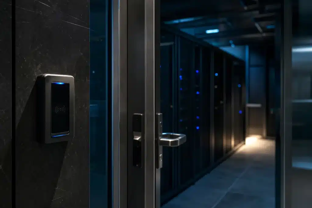 Access-controlled data center entrance with server cabinets behind reinforced glass