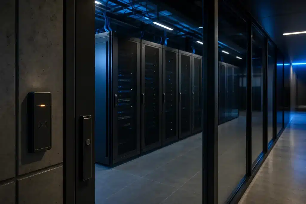 Secured server room seen through a glass access door