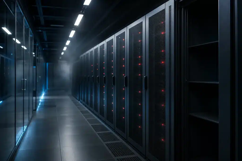 Data centre aisle with one server rack switched off, symbolising HTX shutting UK access