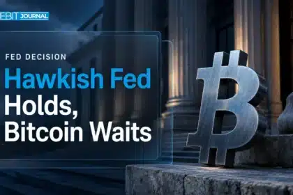 Brushed-metal Bitcoin sculpture before stone columns, illustrating the Fed rate decision pressure on Bitcoin