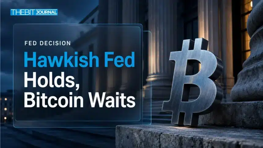 Fed Rate Decision: Bitcoin Faces Fresh Pressure After Hawkish Hold 7 Brushed-metal Bitcoin sculpture before stone columns, illustrating the Fed rate decision pressure on Bitcoin