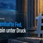 Bitcoin-Skulptur aus gebürstetem Metall vor Steinsäulen, symbolisiert den Druck durch den Fed Zinsentscheid