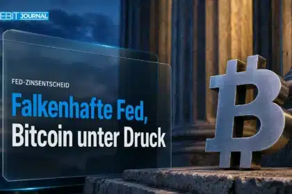 Bitcoin-Skulptur aus gebürstetem Metall vor Steinsäulen, symbolisiert den Druck durch den Fed Zinsentscheid
