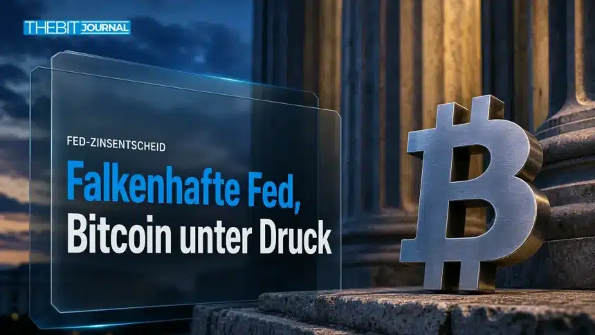 Fed Zinsentscheid: Bitcoin nach falkenhafter Zinspause unter Druck 7 Bitcoin-Skulptur aus gebürstetem Metall vor Steinsäulen, symbolisiert den Druck durch den Fed Zinsentscheid