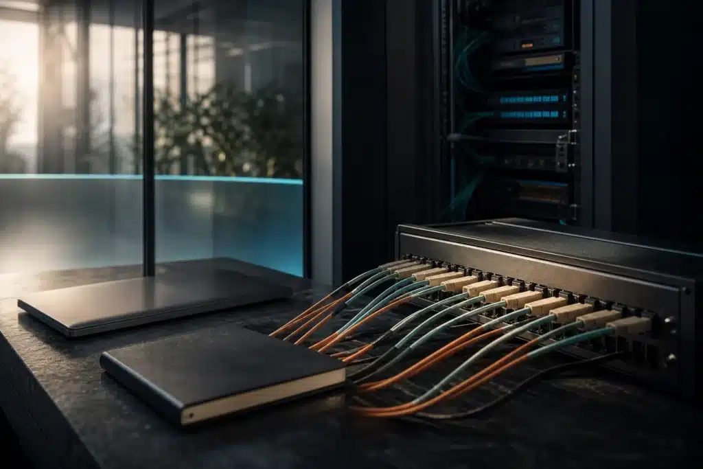 Separate network cables routed through a patch panel in a quiet technology workspace