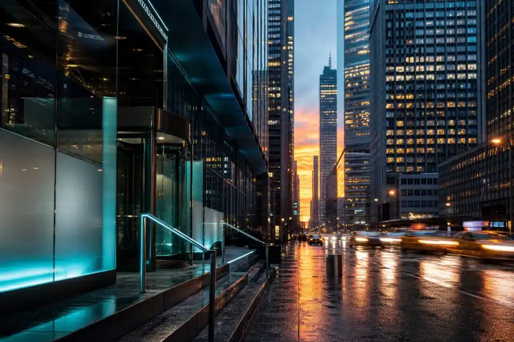 Financial district towers at dusk reflecting the institutional interest in tokenization