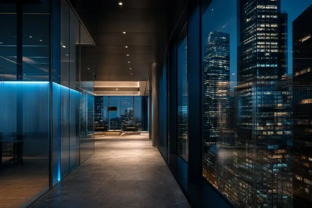 Janus Henderson Launches Tokenized Nasdaq-100 Fund JQQQ on Stellar 9 Glass office corridor overlooking a financial district at dusk