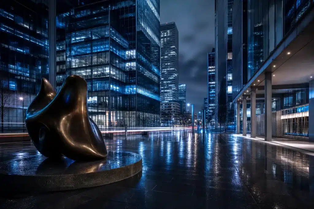 Bitcoin Prognose 2026: Szenarien, wichtige Kursmarken und Risiken 9 Regennasser Platz im Finanzviertel bei Nacht mit Glastürmen, die die Lichter der Stadt spiegeln