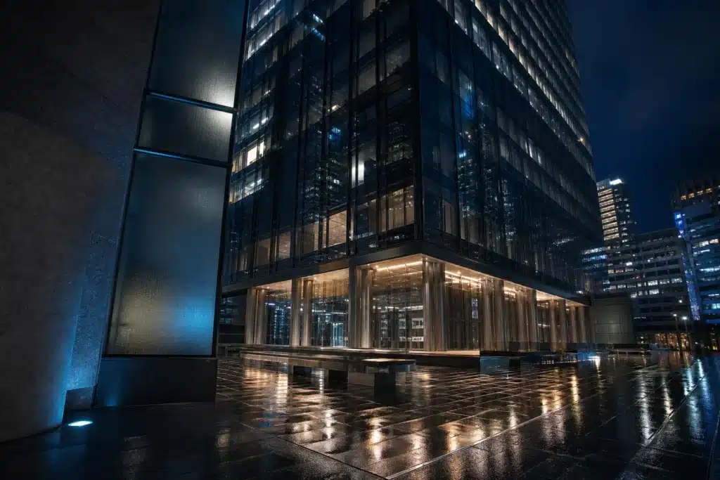 BitGo WisdomTree Deal Brings Tokenized Treasury Fund WTGXX to BitGo Mint 9 Glass office tower in a financial district at night with reflections on wet pavement