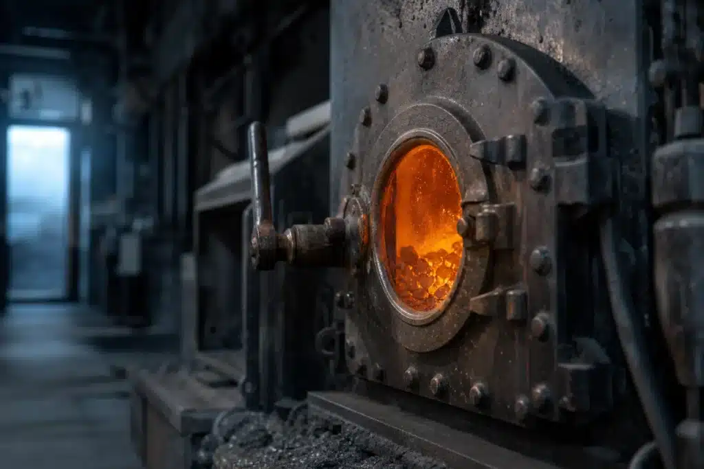 Shiba Inu Prognose 2030: SHIB-Szenarien ab 2026, Marken und Risiken 9 Glühendes Ofenfenster in einer dunklen Metallgießerei als Sinnbild für Token-Burns