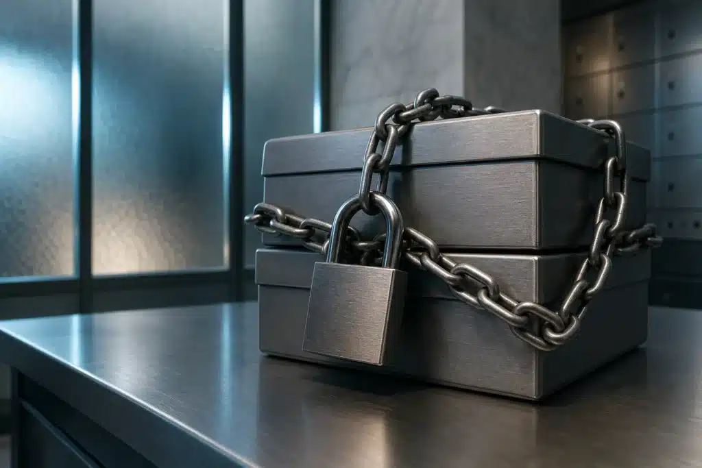 Binance Hack: 5,5 Mrd. Dollar abgeflossen, Tether und Circle frieren ein 9 Vorhängeschloss und Kette um metallene Schließfächer als Symbol für eingefrorene Stablecoins