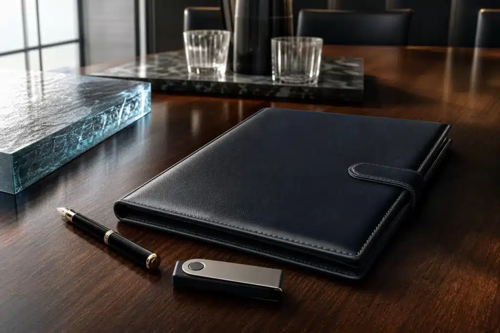 Janus Henderson Launches Tokenized Nasdaq-100 Fund JQQQ on Stellar 8 Fund prospectus folder and hardware wallet on a boardroom table