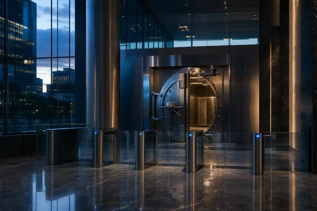 Polymarket Hack Drains Hundreds of Accounts Through Compromised Vendor 9 Empty glass office lobby with a partly open steel vault door at dusk, symbolising platform security