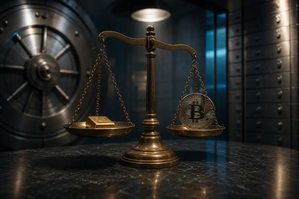 Fed Rate Decision: Bitcoin Faces Fresh Pressure After Hawkish Hold 9 Brass balance scale holding a gold bar and a metal Bitcoin coin inside a dim bank vault