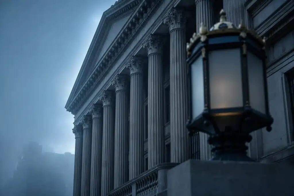 Stone columns of a neoclassical government building at dawn in cold blue light