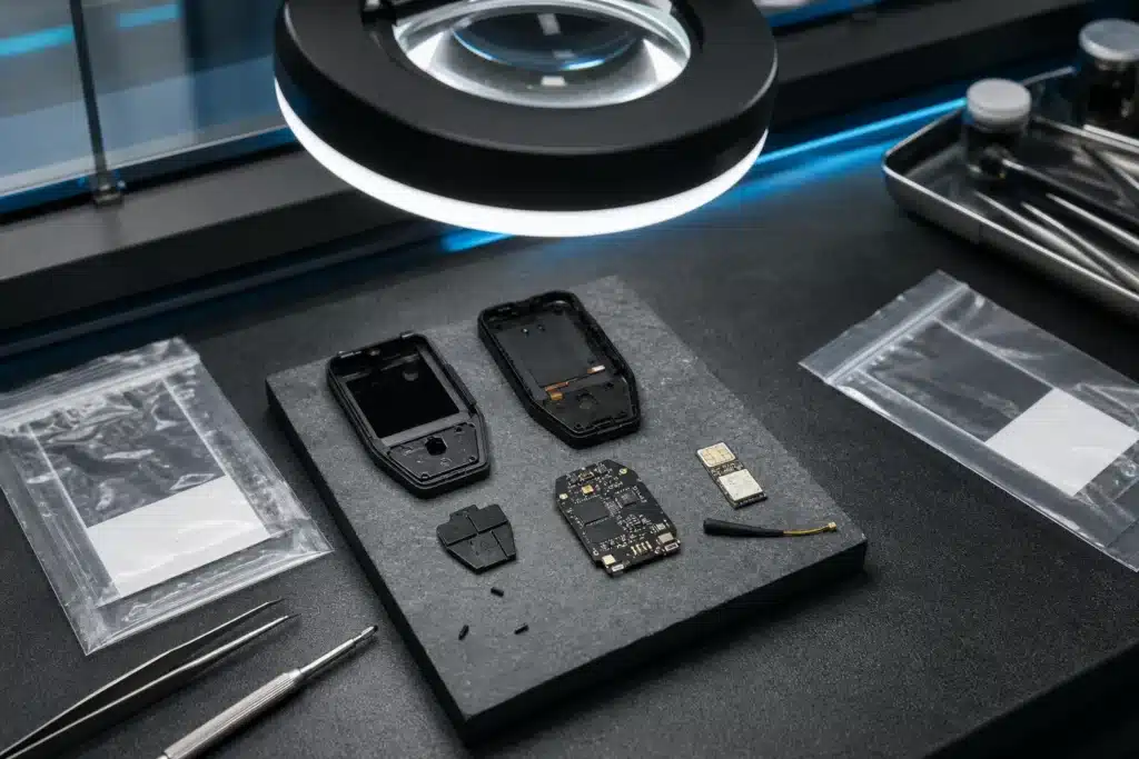 Trezor CryptoBilis Implant Report Prompts Warning to Move Funds 8 Forensic lab bench with a disassembled device and a small cellular module under a magnifying lamp