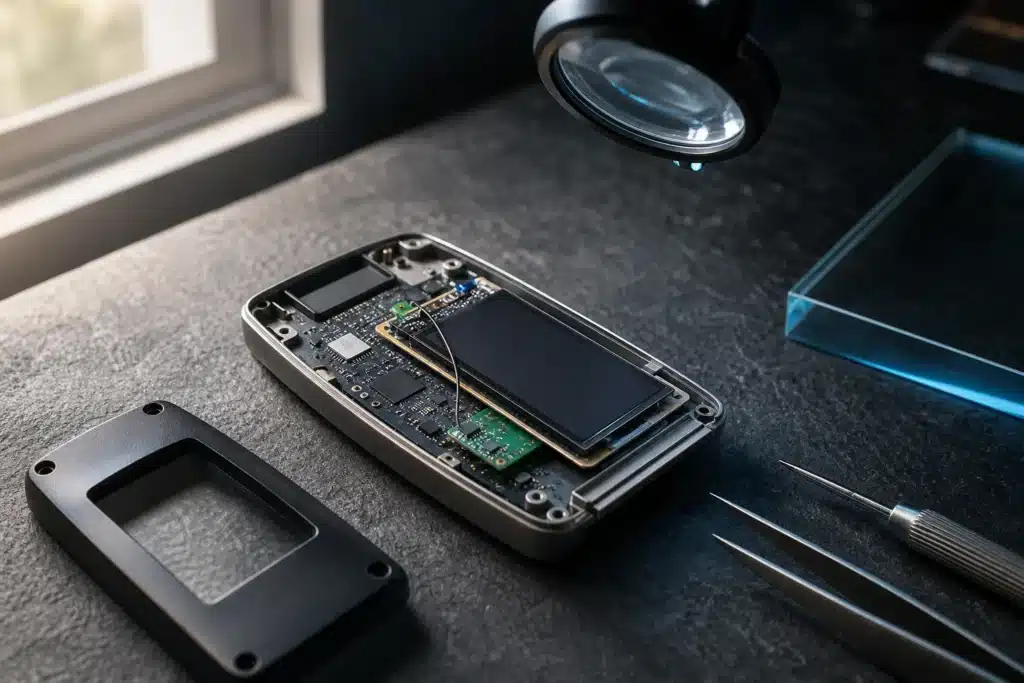Krypto News heute: Binance-Hack bei 6,3 Mrd. $, Trezor-Warnung, HYPE steigt 8 Geöffnete Hardware Wallet auf einer Werkbank mit sichtbarer Zusatzplatine und Antenne im Inneren