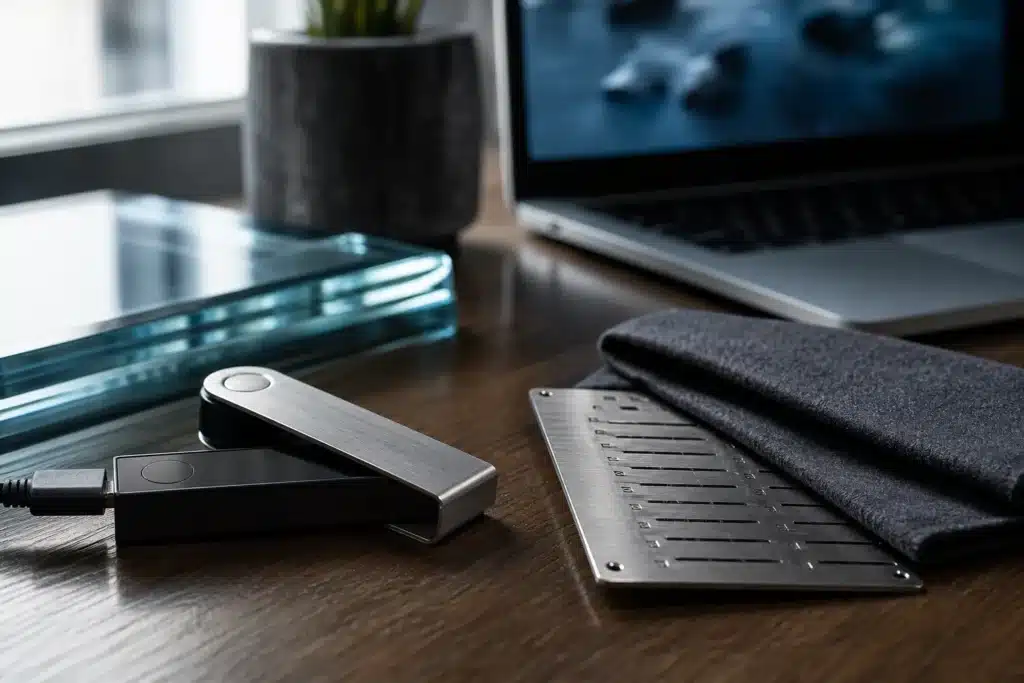 Hardware wallet and covered steel seed backup plate on a wooden table, symbolising crypto security risks