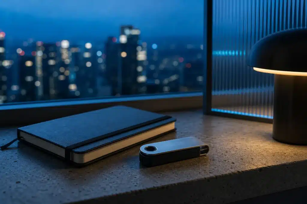Is Bitcoin a Good Investment? What October 2026 Data Shows 8 Hardware wallet on a concrete windowsill at blue hour with blurred city lights behind