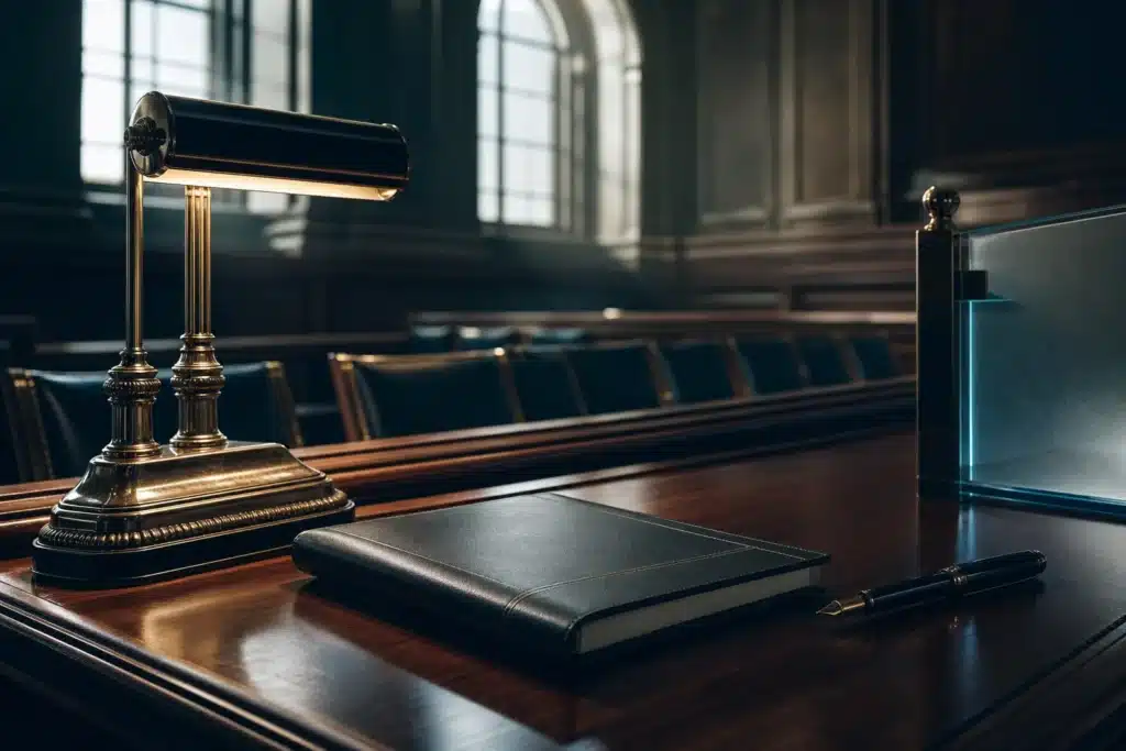 Empty courtroom table with a document folder, evoking the High Court undertakings given by HTX