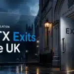Steel door at a London court building illustrating the HTX FCA settlement and the exchange's UK exit