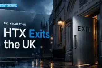 Steel door at a London court building illustrating the HTX FCA settlement and the exchange's UK exit