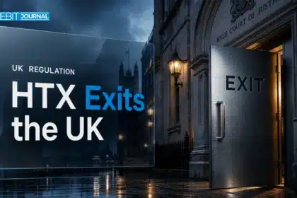 Steel door at a London court building illustrating the HTX FCA settlement and the exchange's UK exit