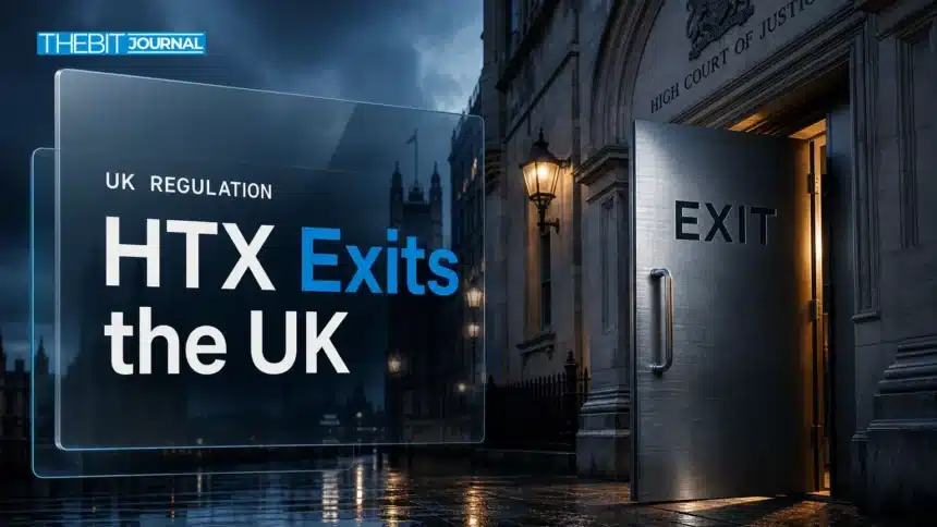Steel door at a London court building illustrating the HTX FCA settlement and the exchange's UK exit