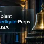 Messingglocke einer Börse als Symbol für den ICE-Plan, Hyperliquid Perpetual Futures in die USA zu bringen