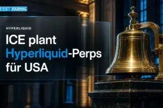 Messingglocke einer Börse als Symbol für den ICE-Plan, Hyperliquid Perpetual Futures in die USA zu bringen
