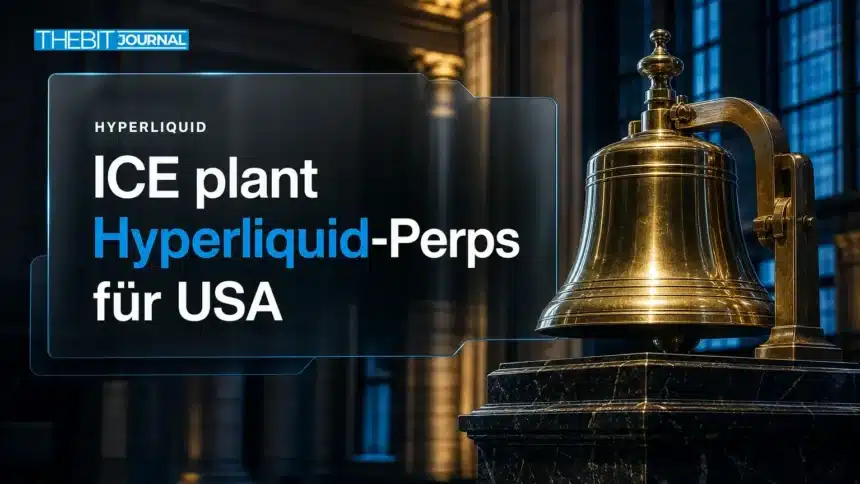 Messingglocke einer Börse als Symbol für den ICE-Plan, Hyperliquid Perpetual Futures in die USA zu bringen