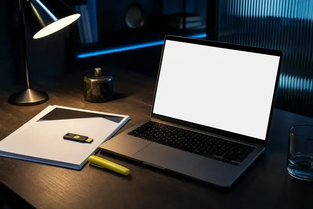 Polymarket Hack Drains Hundreds of Accounts Through Compromised Vendor 8 Laptop and printed incident report on a desk under lamp light after a crypto security breach