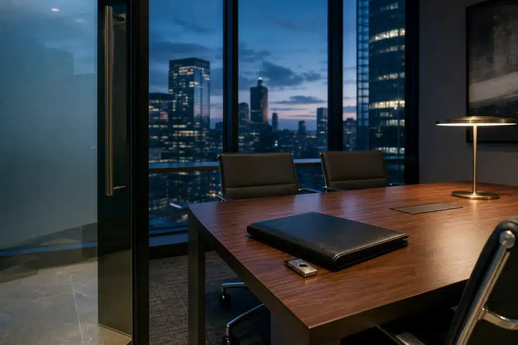Solana Price Prediction 2026-2030: SOL Scenarios, Drivers and Risks 8 Empty settlement office at dusk with a hardware security key on a walnut table