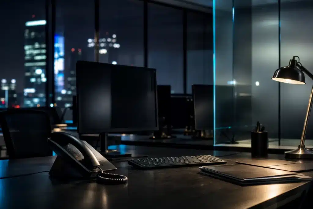 Empty institutional trading desk with dark monitors and city reflections