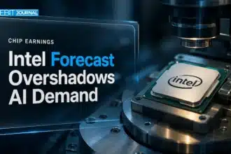 Illustration for Intel stock crash coverage showing a processor on a semiconductor inspection stage