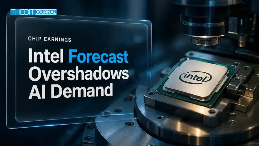 Illustration for Intel stock crash coverage showing a processor on a semiconductor inspection stage