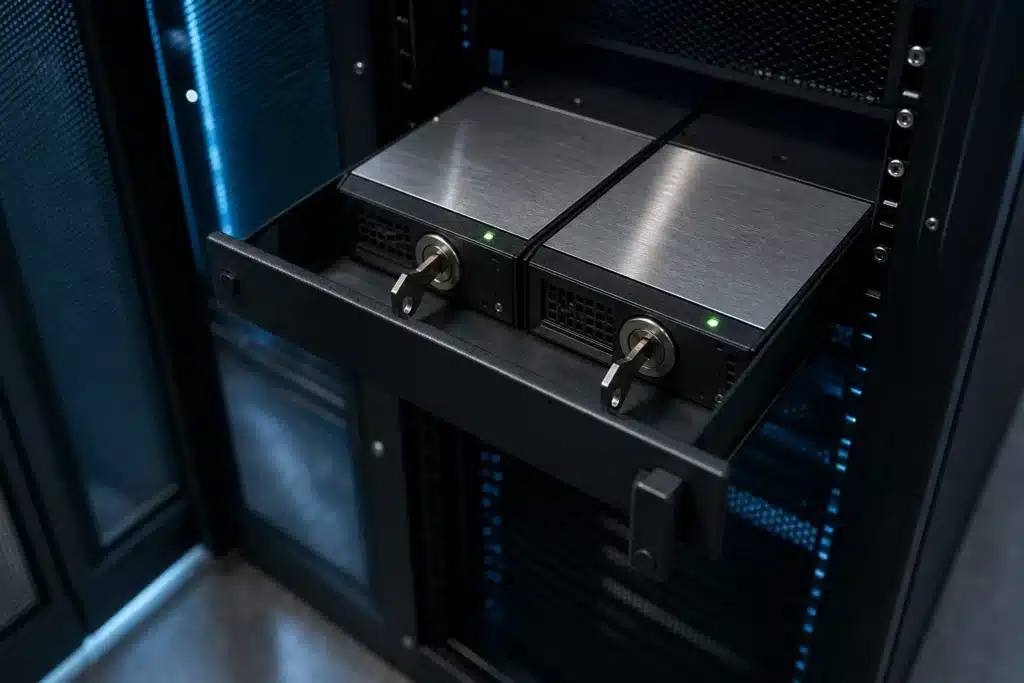SEC Crypto Custody Proposal Could Open Self-Custody Path for Advisers 9 Two keys inserted into hardware security devices in a locked server rack, showing joint authorization